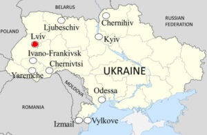 Kaart Oekraïne met ziekenhuis in Lviv uitgelicht